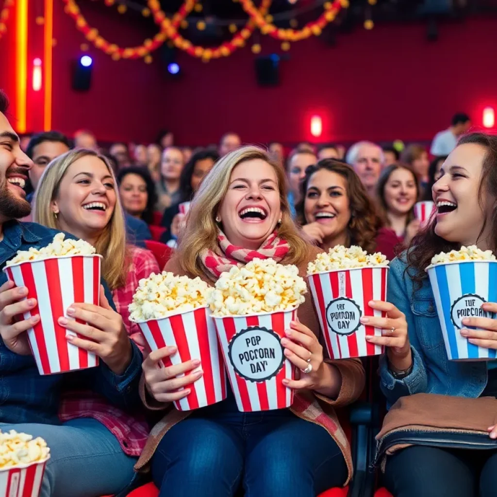 Patrons at a cinema holding creative popcorn containers for National Popcorn Day