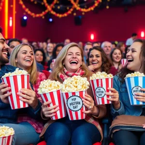 Patrons at a cinema holding creative popcorn containers for National Popcorn Day