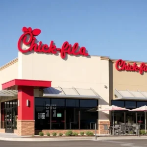 Exterior view of the new Chick-fil-A restaurant in San Antonio.