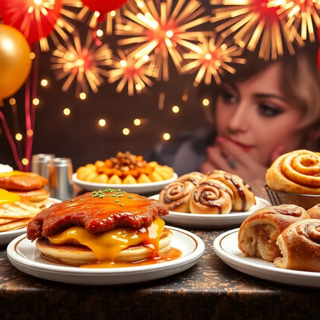 A colorful New Year's Day brunch spread featuring various dishes.