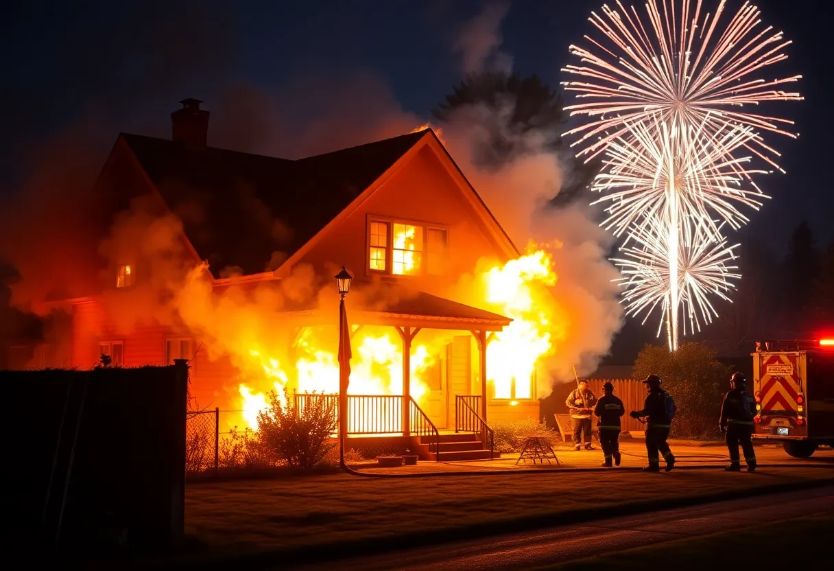 Firefighters battling a fire caused by fireworks in San Antonio