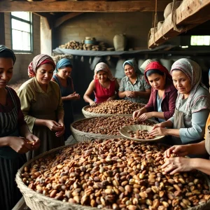 Women laboring in a pecan shelling factory, symbolizing the historic strike.