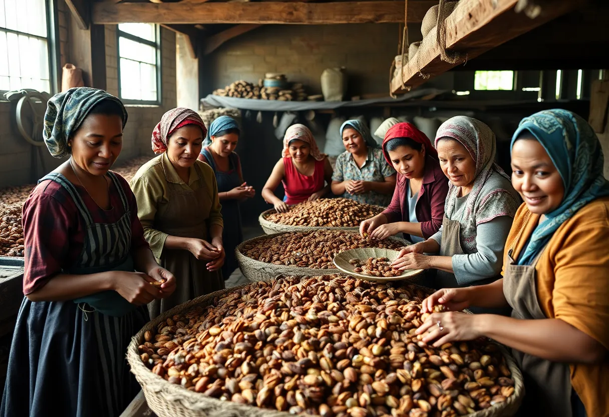 Women laboring in a pecan shelling factory, symbolizing the historic strike.