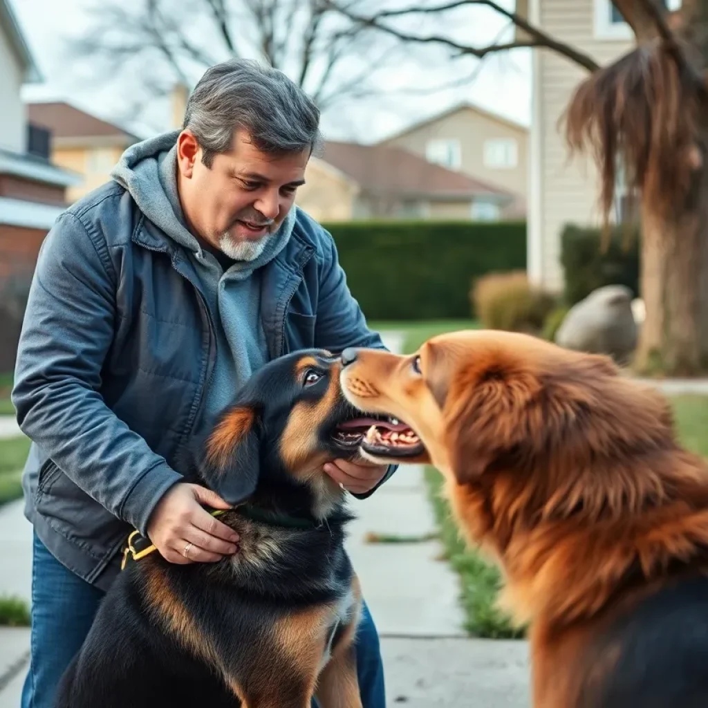 A neighborhood dog attack scene showing a man protecting his pet