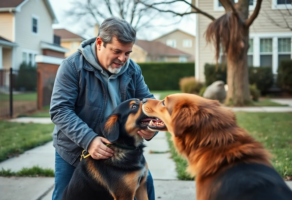 A neighborhood dog attack scene showing a man protecting his pet