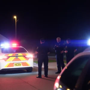 Scene of a police confrontation outside a residential home at night.