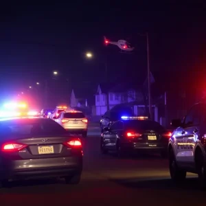 Law enforcement vehicles and helicopter responding to a carjacking scenario in San Antonio.