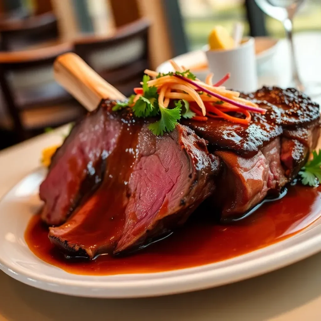 A plate of prime rib served with garnishes in a restaurant