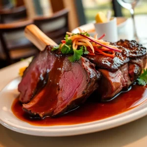 A plate of prime rib served with garnishes in a restaurant