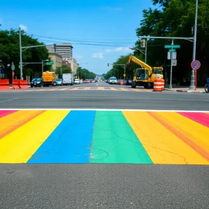 Construction workers repairing the Rainbow Crosswalk in San Antonio after a water main break.