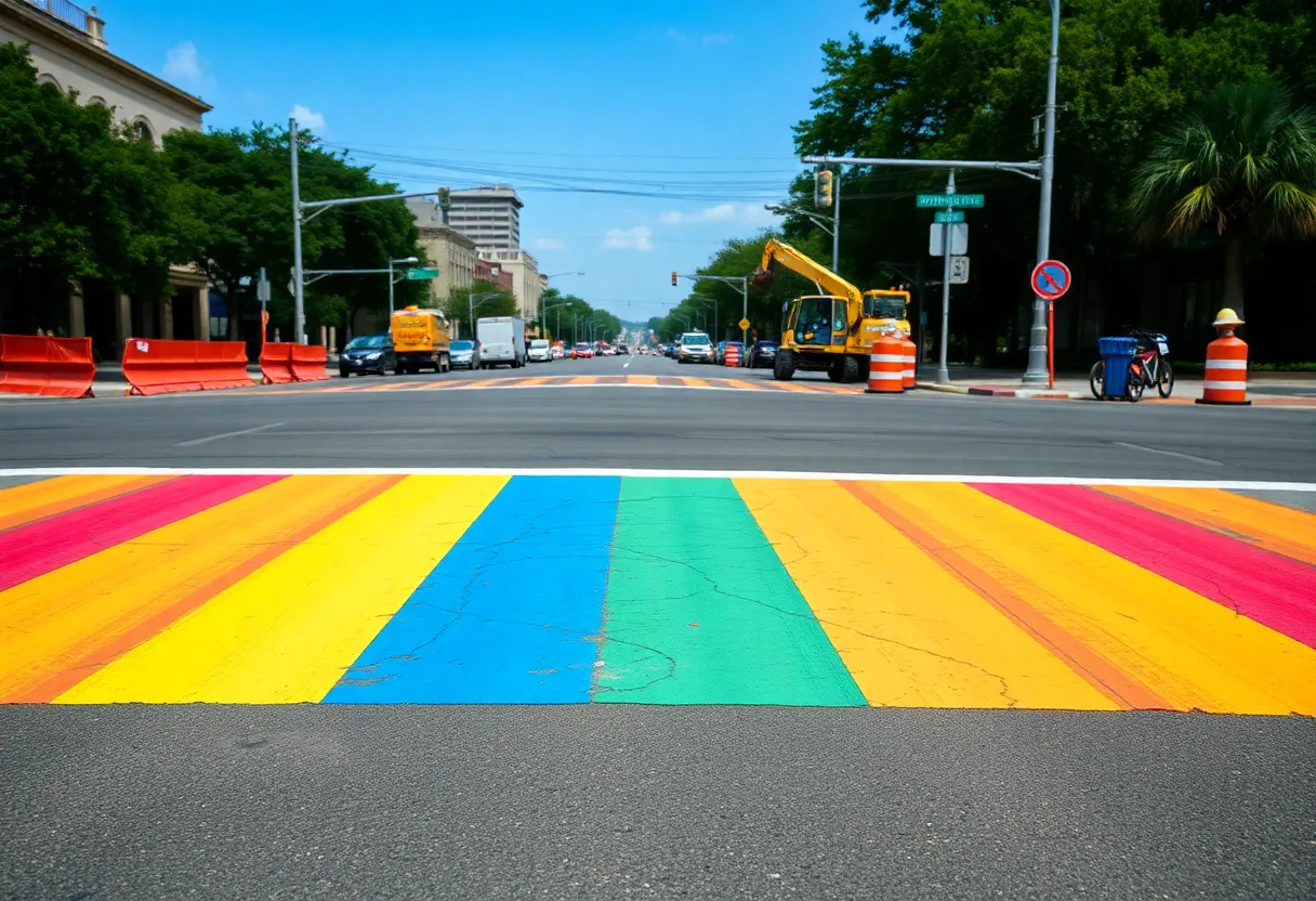 Construction workers repairing the Rainbow Crosswalk in San Antonio after a water main break.