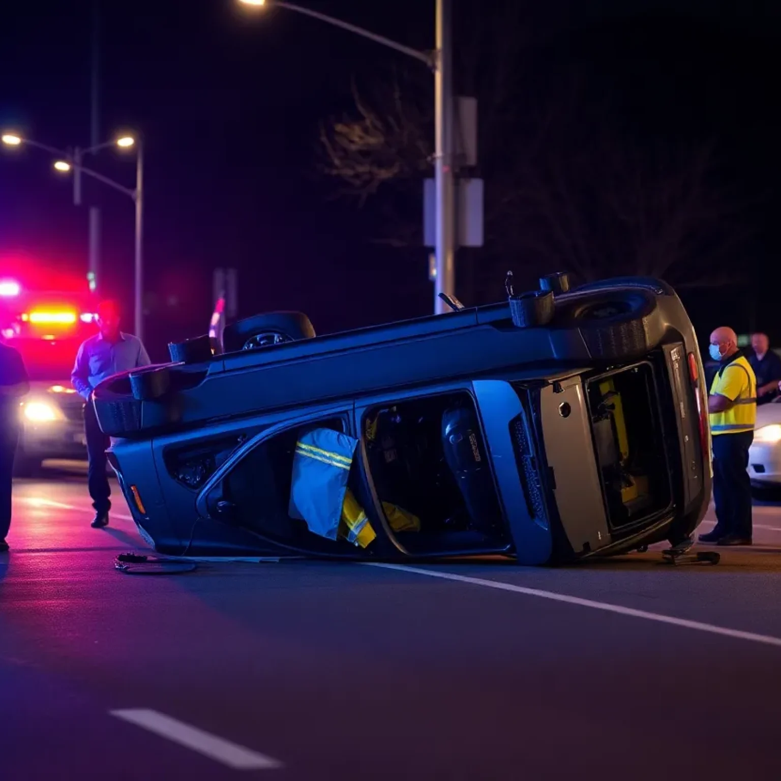 Emergency responders at the site of a roll-over car accident on Wurzbach Parkway