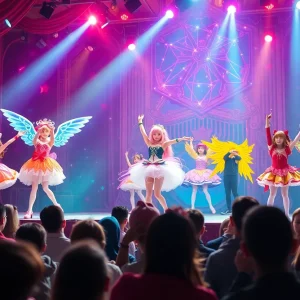 A vibrant scene from the Sailor Moon musical featuring characters in costumes performing on stage.