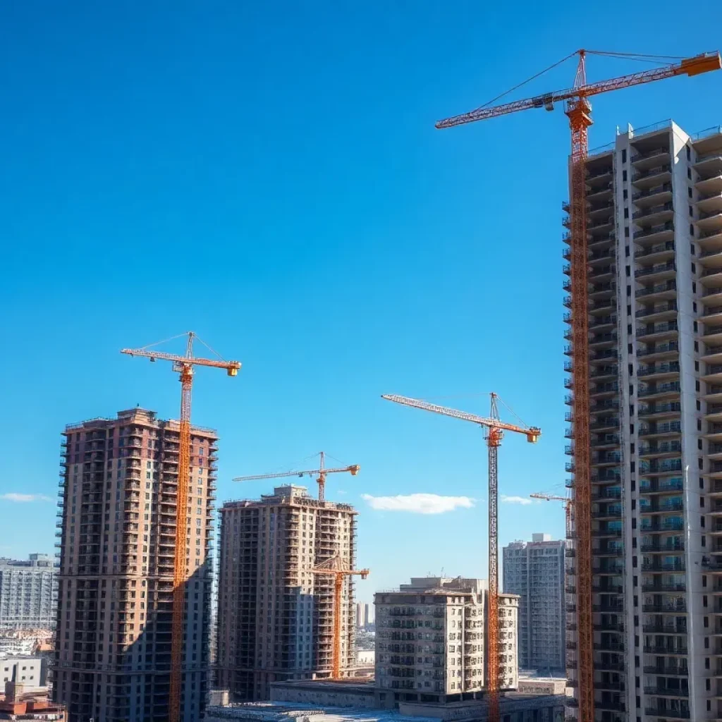 Construction of new apartments in San Antonio with cranes.