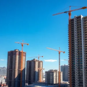 Construction of new apartments in San Antonio with cranes.