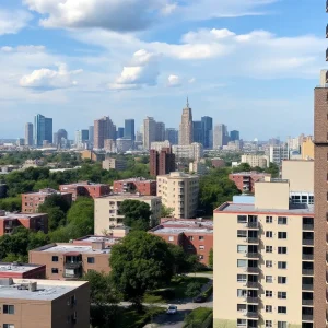 San Antonio apartment buildings with city skyline