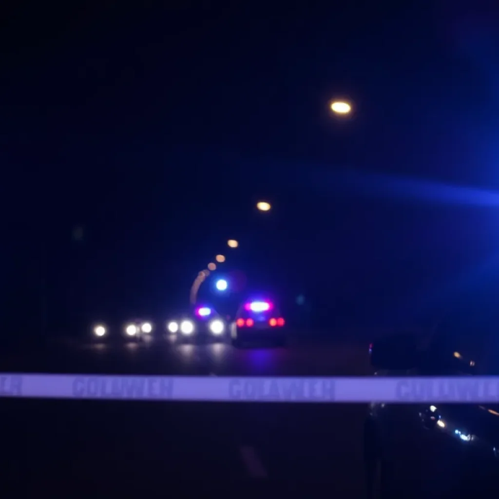 Police lights illuminating a dark street with parked vehicles in San Antonio.