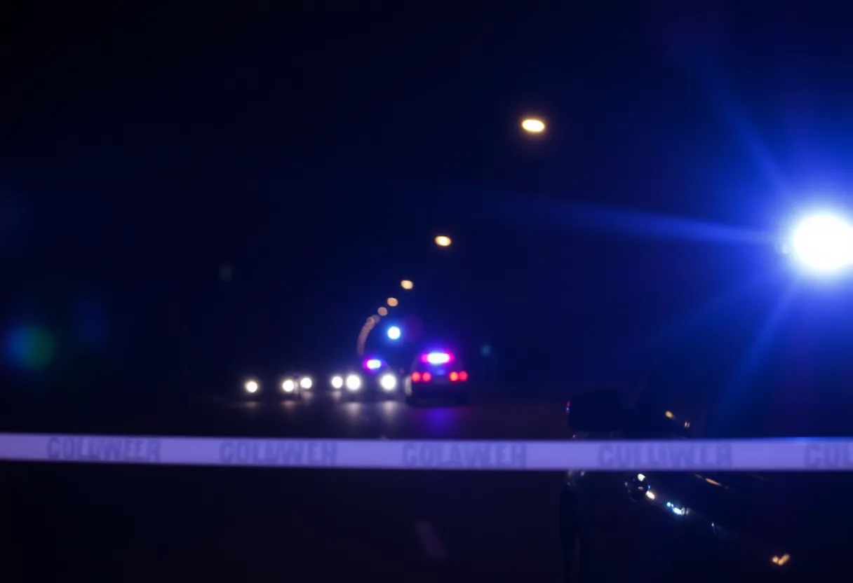 Police lights illuminating a dark street with parked vehicles in San Antonio.