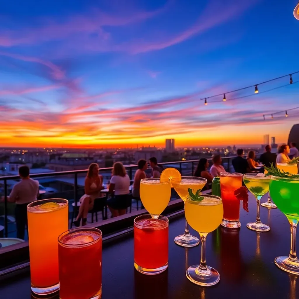 A rooftop bar in San Antonio filled with colorful drinks and happy patrons.