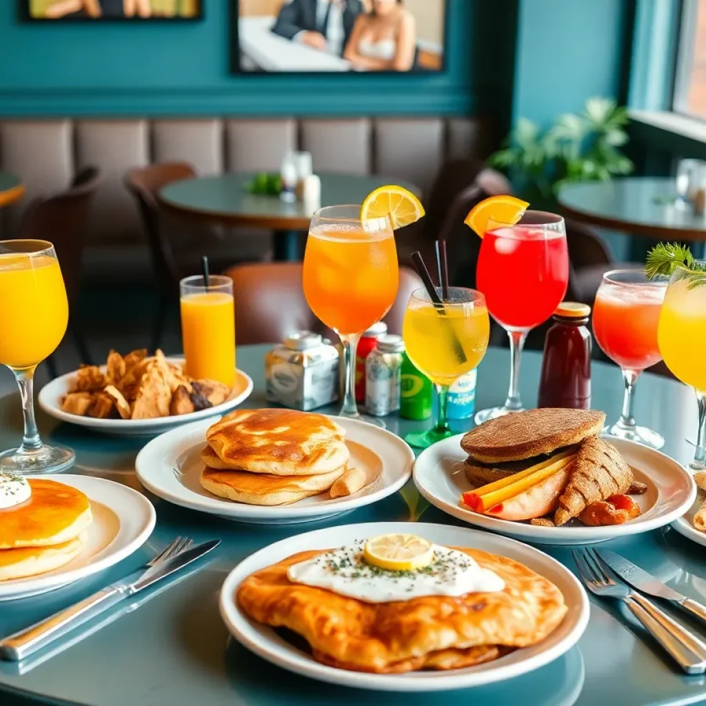 Brunch table with pancakes and drinks in San Antonio restaurant