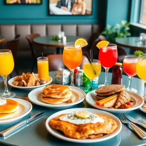 Brunch table with pancakes and drinks in San Antonio restaurant