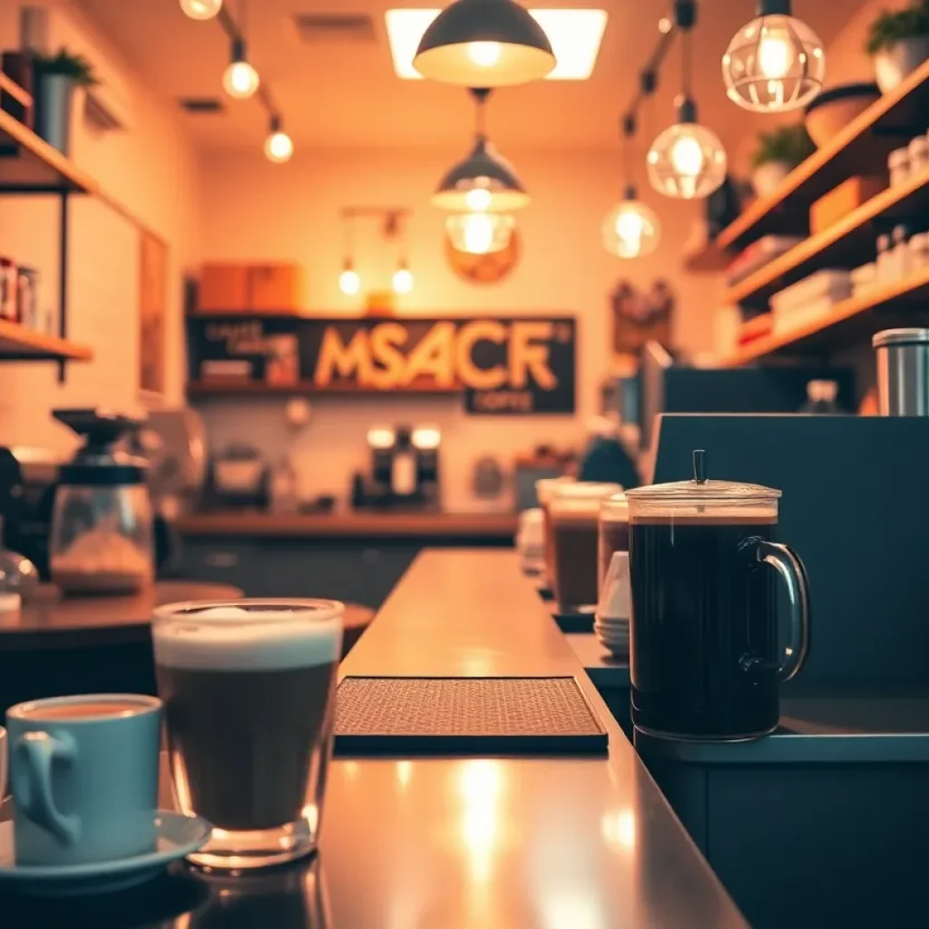 Interior of a San Antonio coffee shop with various coffee drinks on display