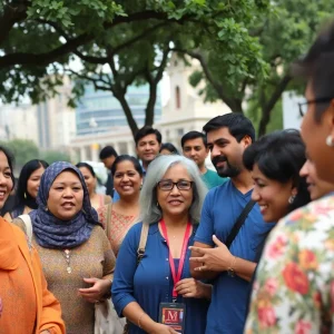 A diverse group of people in San Antonio engaging in a community discussion.