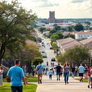 A peaceful scene in San Antonio depicting families and individuals in a safe neighborhood