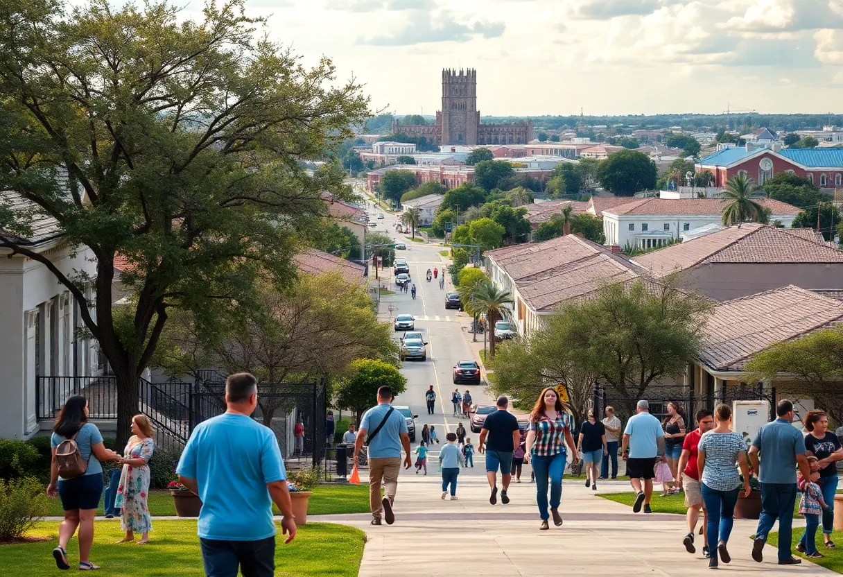 A peaceful scene in San Antonio depicting families and individuals in a safe neighborhood