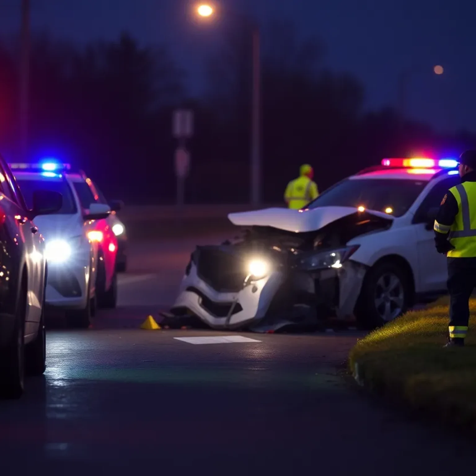 Emergency responders at a serious car crash scene in San Antonio with visible damage to vehicles.