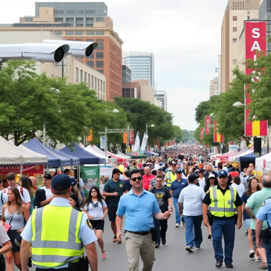 Downtown San Antonio during a festival with security measures