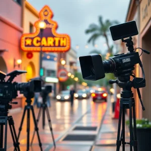 Film casting call scene in San Antonio with rainy weather