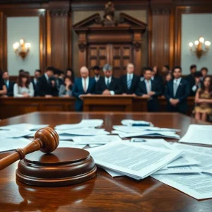 Courtroom scene depicting financial scandal