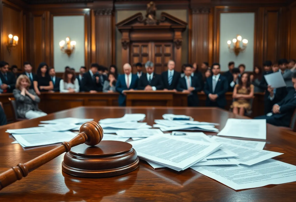 Courtroom scene depicting financial scandal