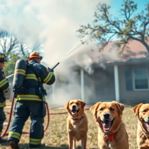 Firefighters battling a house fire in San Antonio with dogs in the foreground