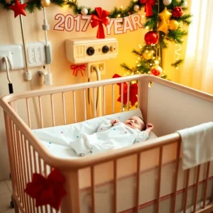 Newborn baby in a crib celebrating the New Year