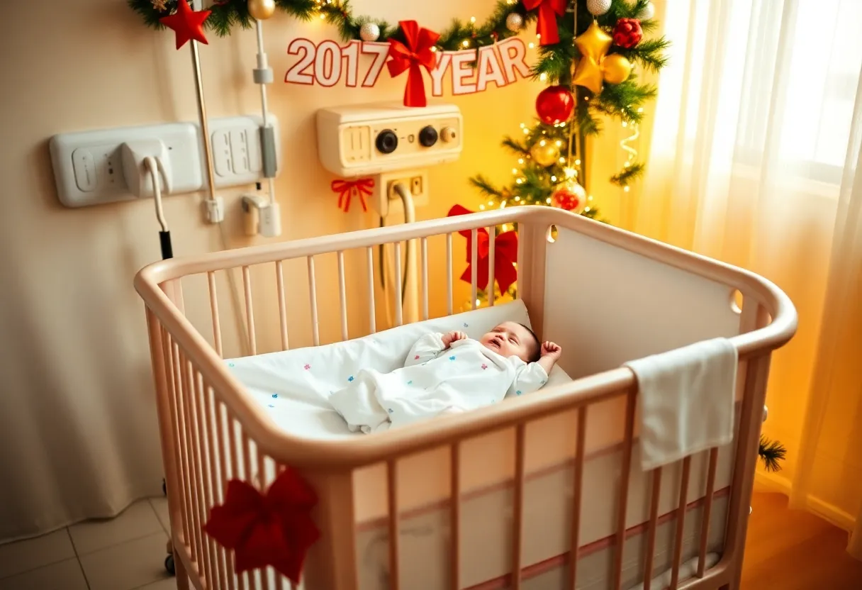 Newborn baby in a crib celebrating the New Year