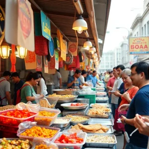 A bustling food market in San Antonio showcasing various culinary delights.