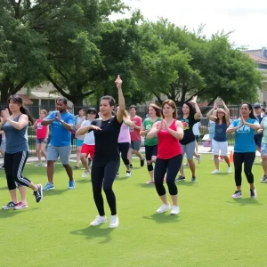 Participants engaging in a free fitness class in San Antonio