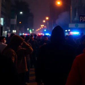 Police lights illuminating an urban street after a gang-related incident.