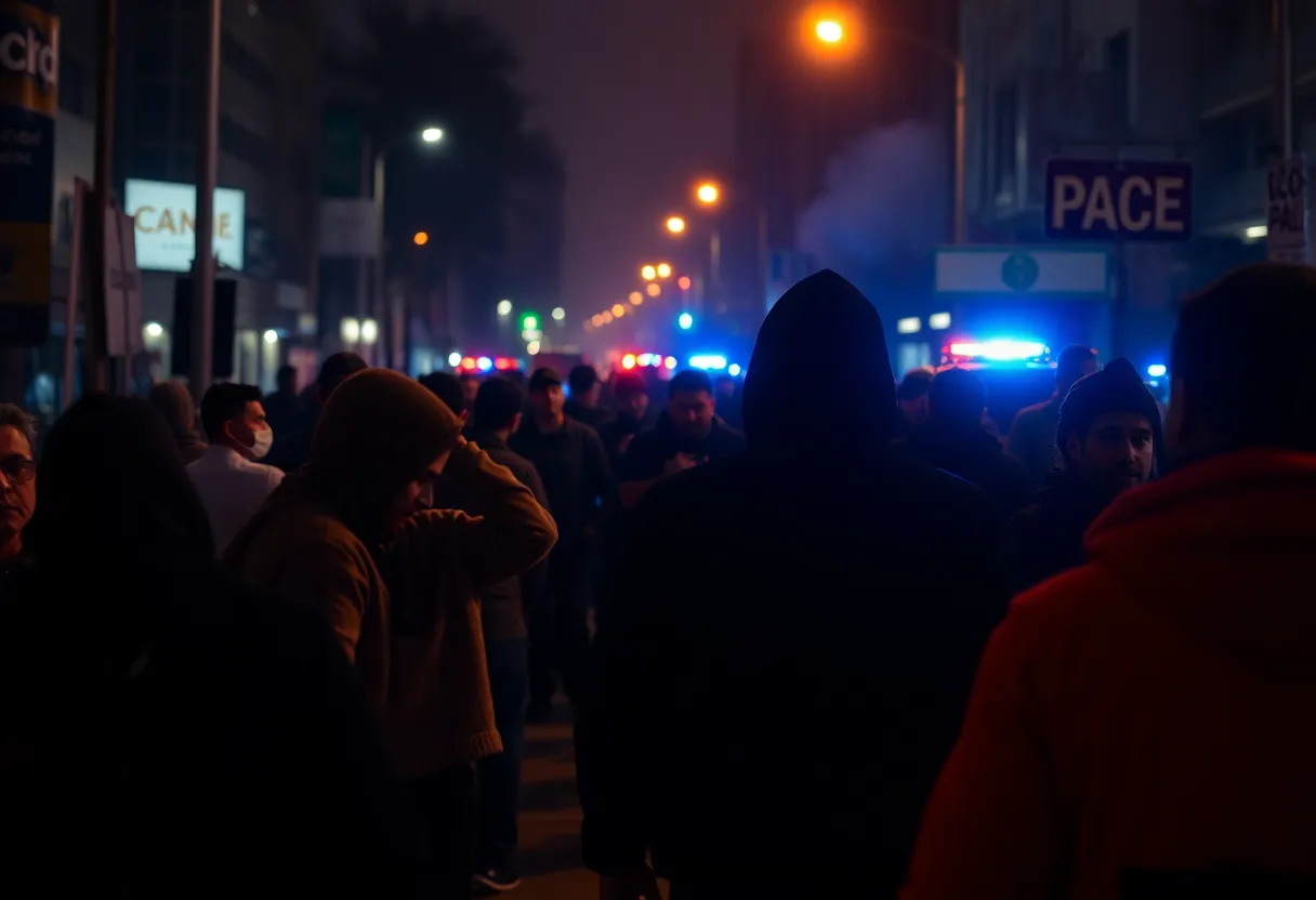 Police lights illuminating an urban street after a gang-related incident.