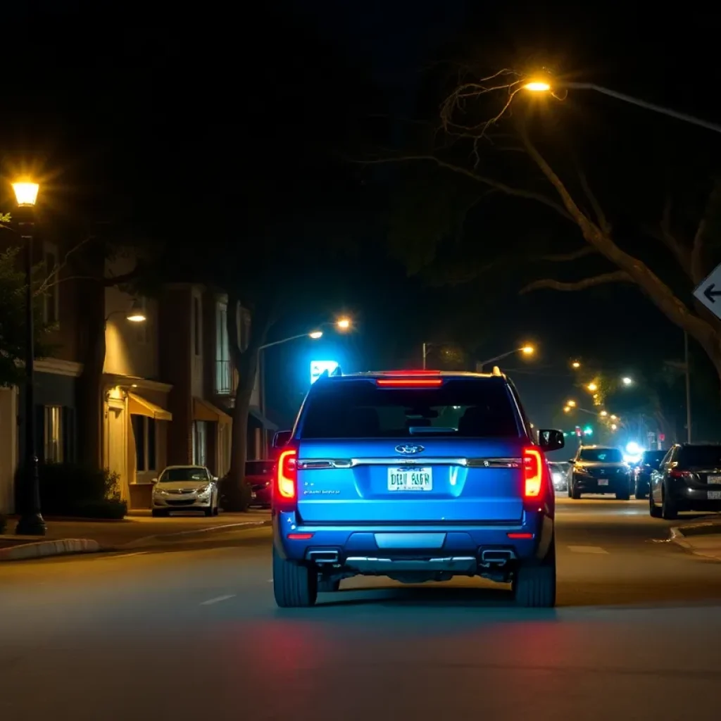 Nighttime street in San Antonio with a blue SUV