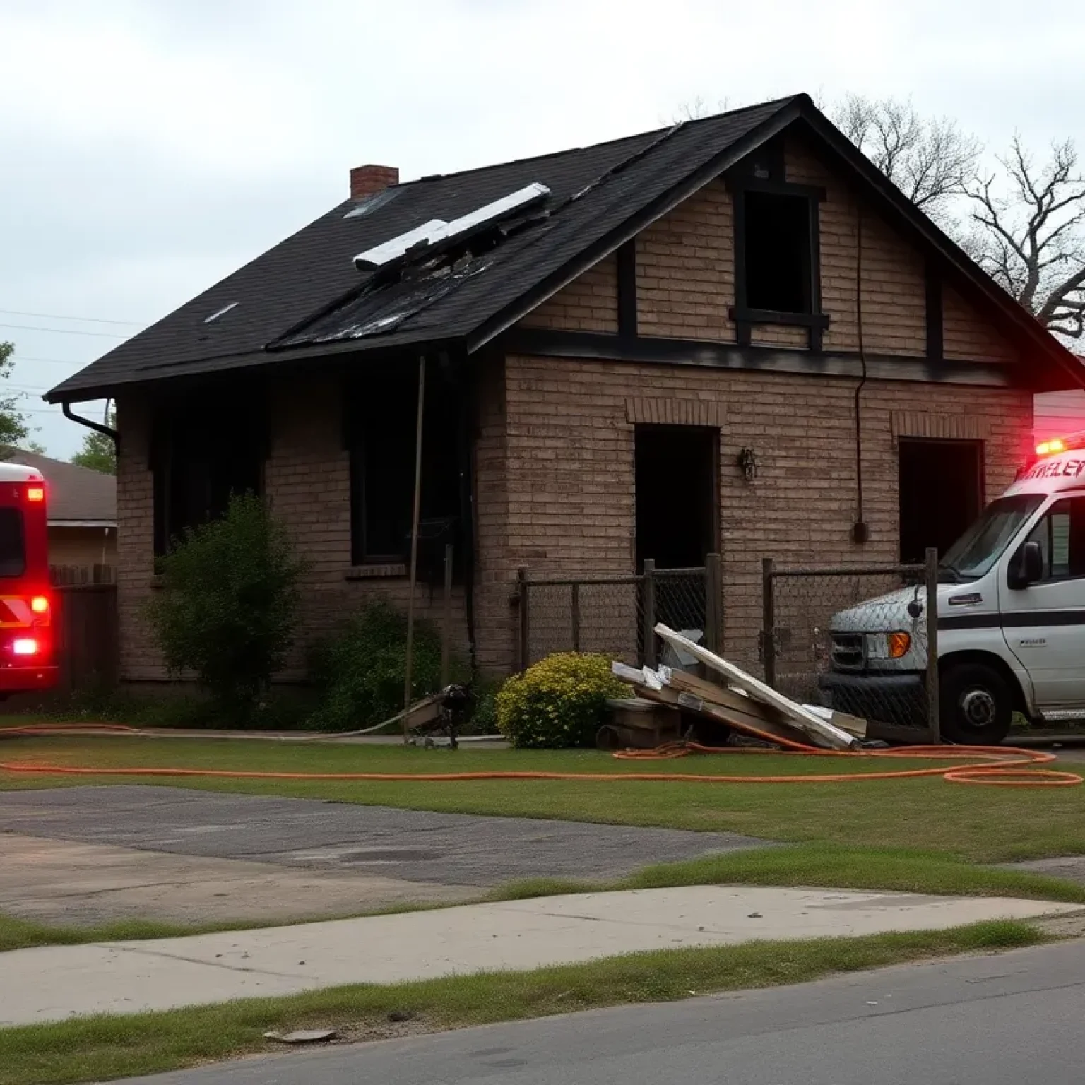 Burned house and emergency vehicles at the scene of a fire in South San Antonio