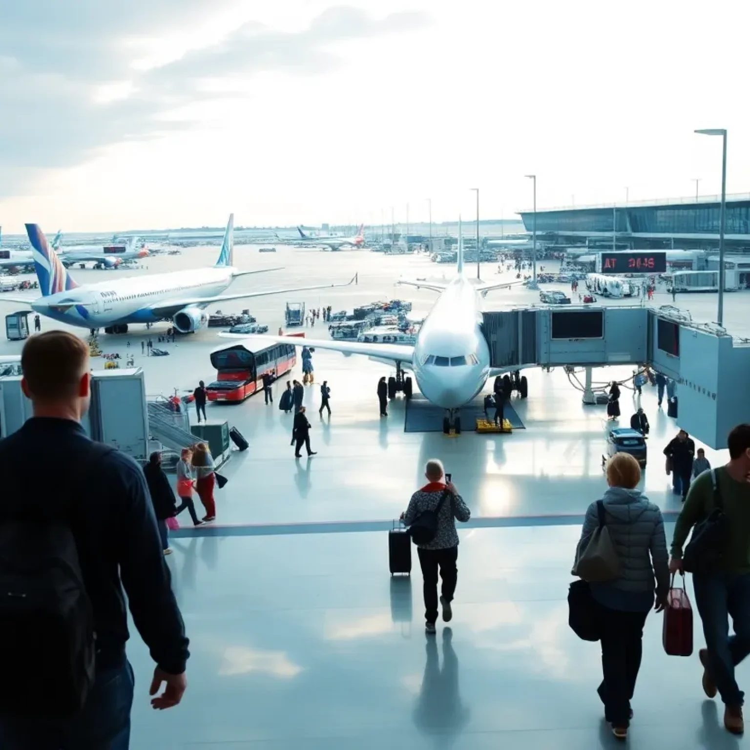 View of San Antonio International Airport with airplanes and passengers