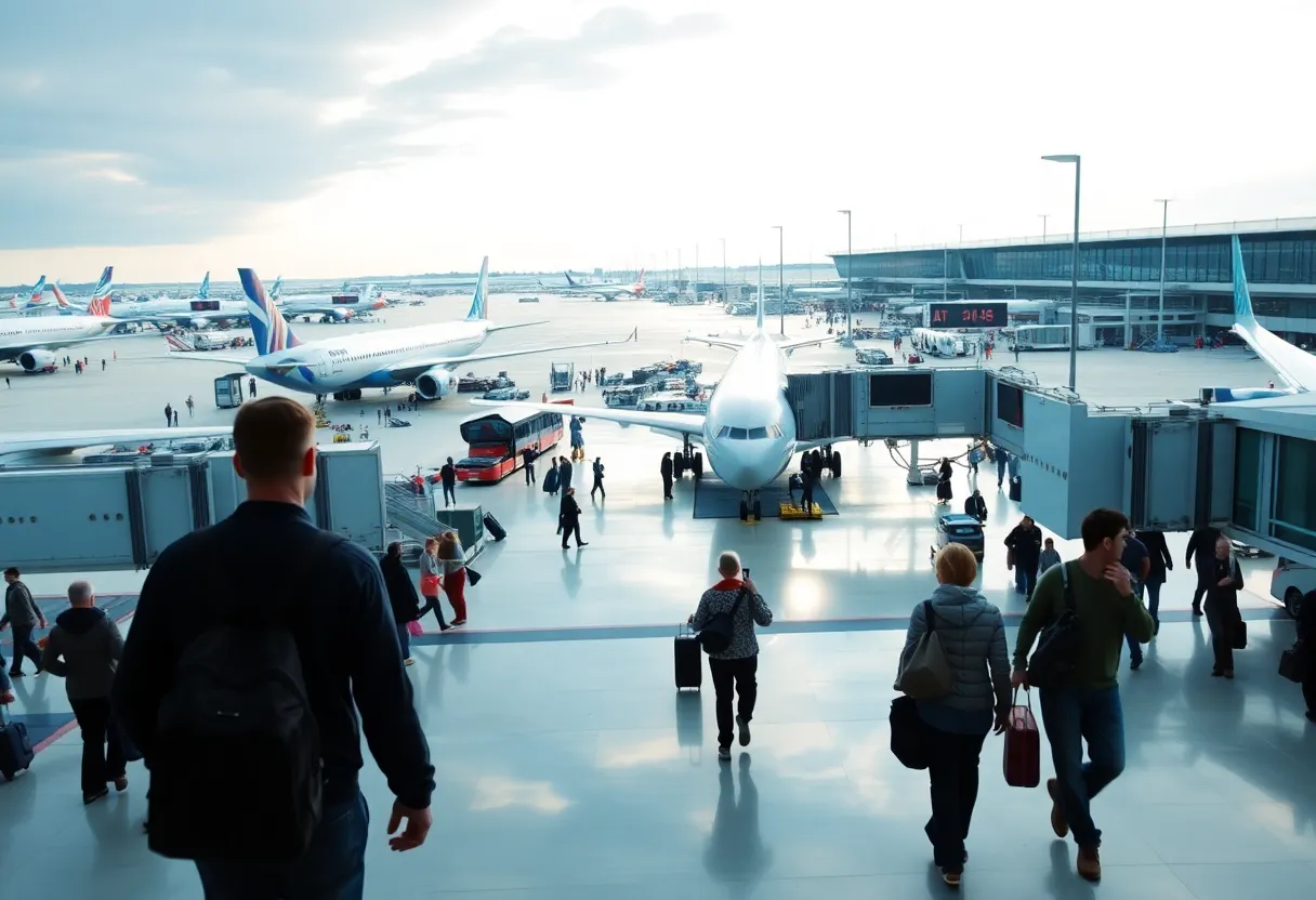 View of San Antonio International Airport with airplanes and passengers