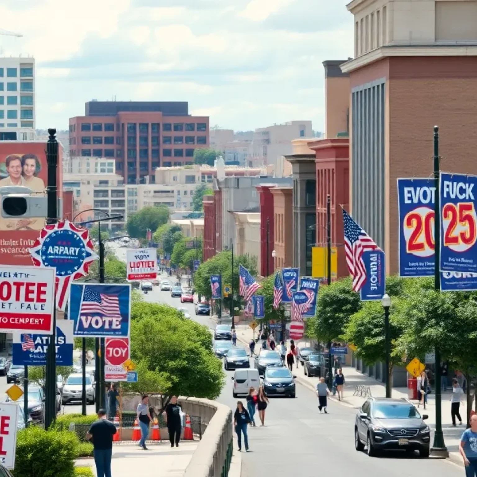 San Antonio cityscape during election season with campaign elements