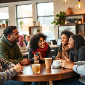 Individuals engaging in conversation at a community Meet and Greet.