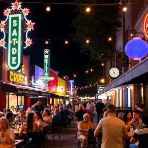 Night scene in San Antonio with people dining and enjoying the vibrant atmosphere.