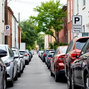 Narrow street with parked cars and parking signs in San Antonio