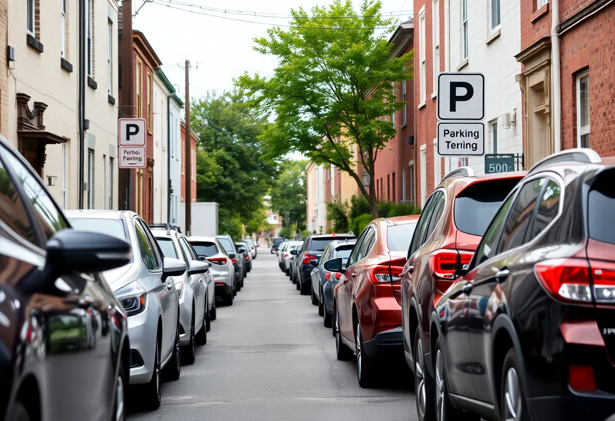 Narrow street with parked cars and parking signs in San Antonio